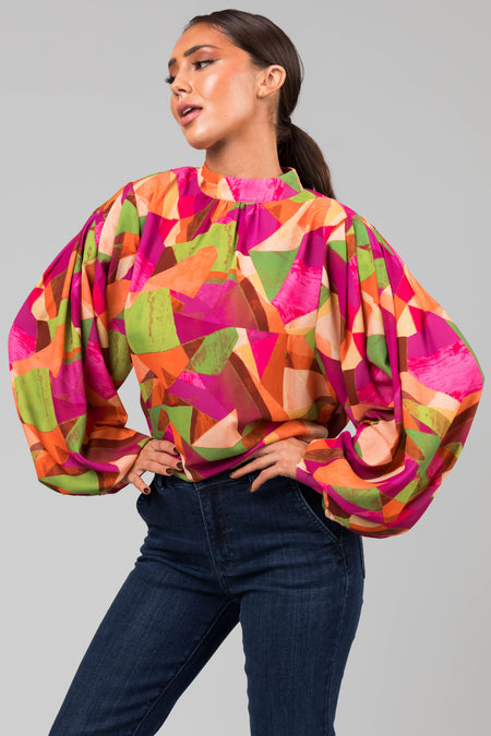 Flying Tomato Fuchsia Multicolor Geometric Blouse