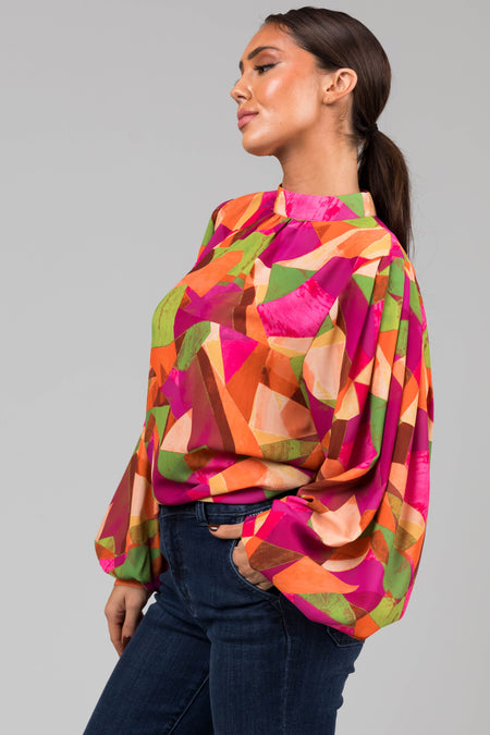 Flying Tomato Fuchsia Multicolor Geometric Blouse