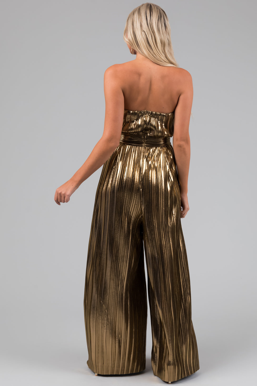 Flying Tomato Gold Plisse Strapless Jumpsuit