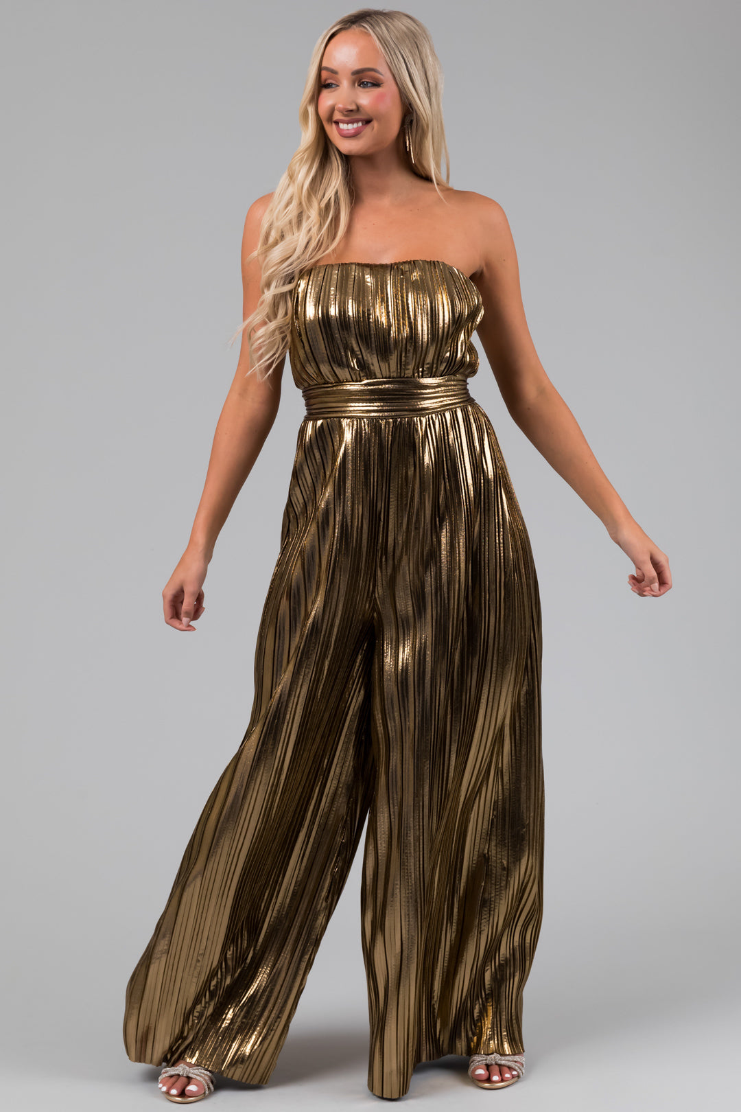 Flying Tomato Gold Plisse Strapless Jumpsuit