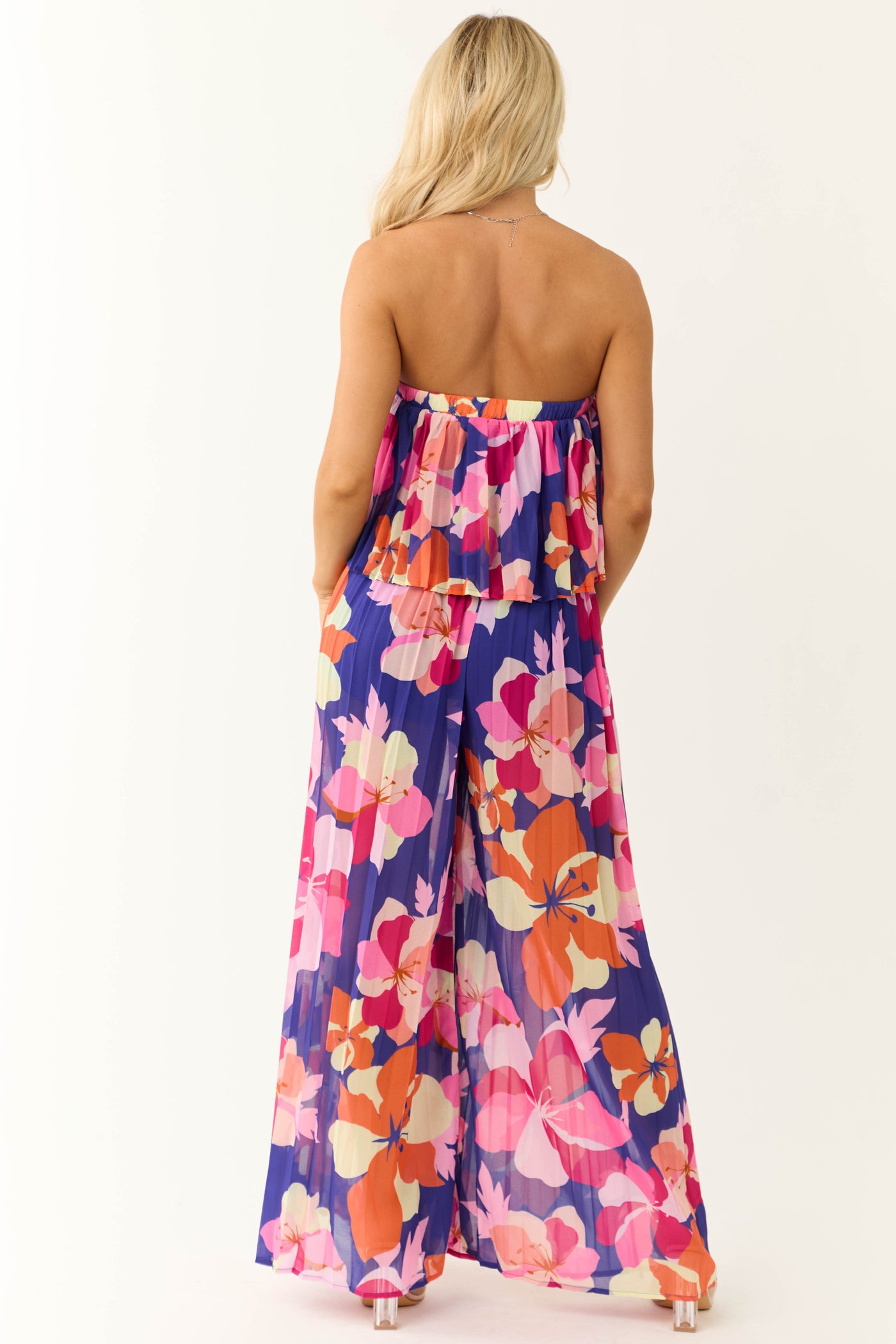 Flying Tomato Indigo Floral Print Strapless Jumpsuit