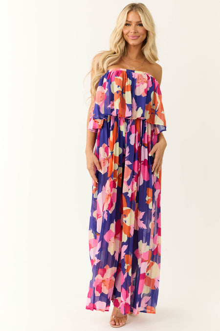 Flying Tomato Indigo Floral Print Strapless Jumpsuit