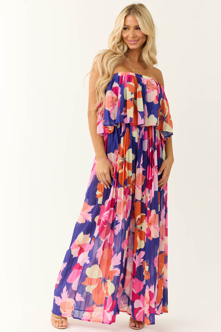 Flying Tomato Indigo Floral Print Strapless Jumpsuit