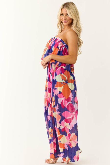 Flying Tomato Indigo Floral Print Strapless Jumpsuit