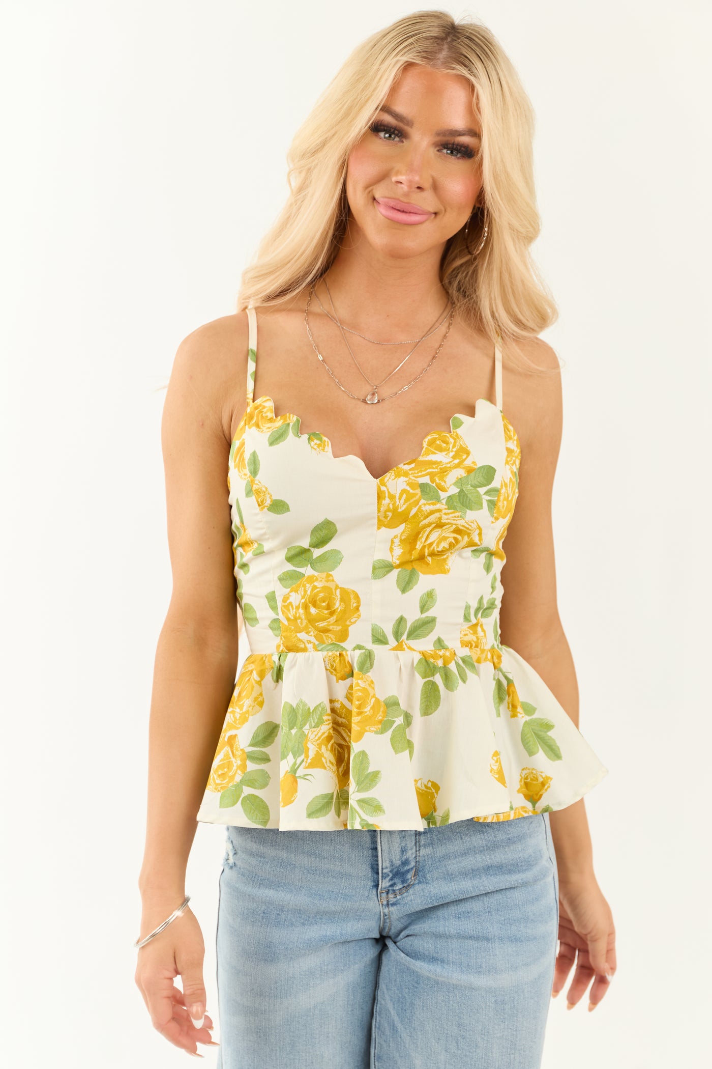 Flying Tomato Ivory Floral Print V Neck Peplum Top