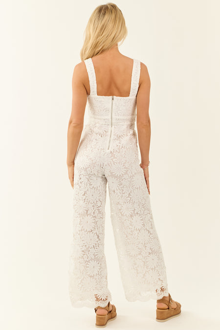 Flying Tomato Ivory Lace Wide Leg Square Neck Jumpsuit