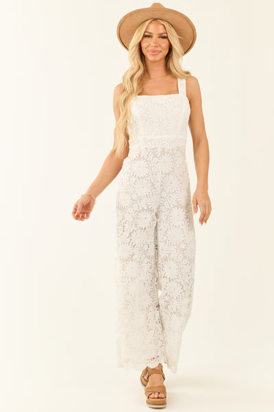 Flying Tomato Ivory Lace Wide Leg Square Neck Jumpsuit