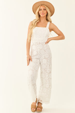 Flying Tomato Ivory Lace Wide Leg Square Neck Jumpsuit