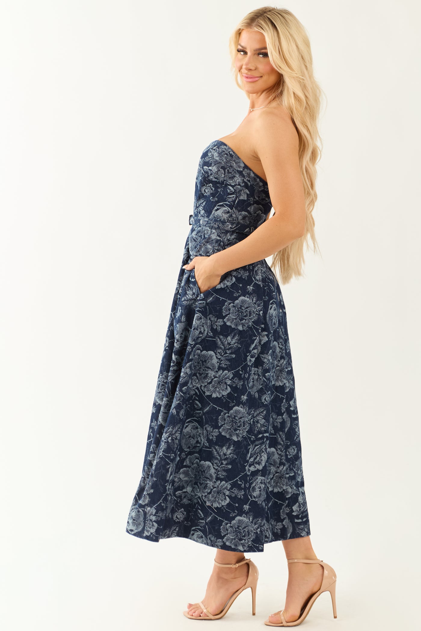 Flying Tomato Jacquard Print Denim Midi Dress