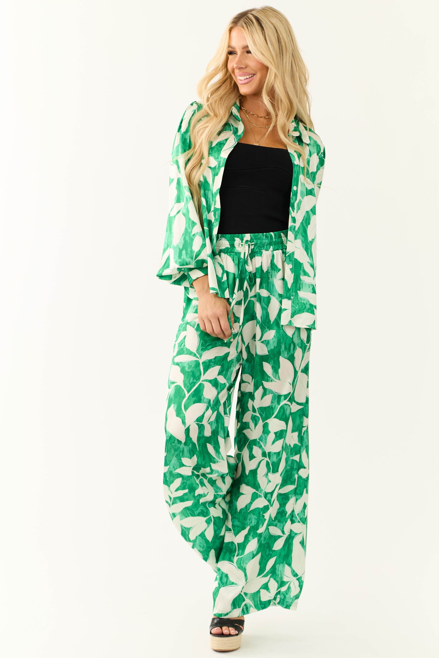 Flying Tomato Jade Leaf Print Satin Pants