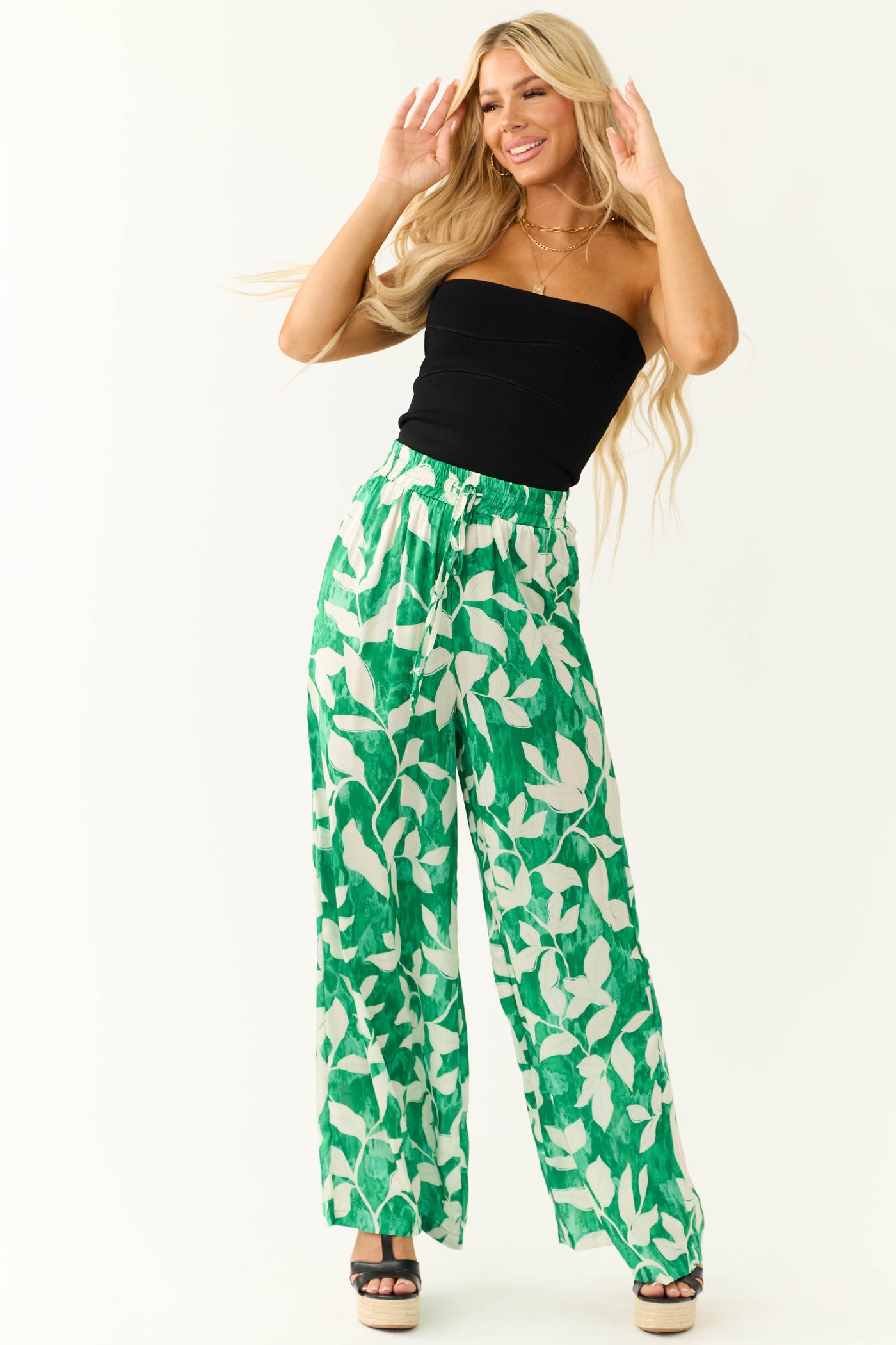 Flying Tomato Jade Leaf Print Satin Pants