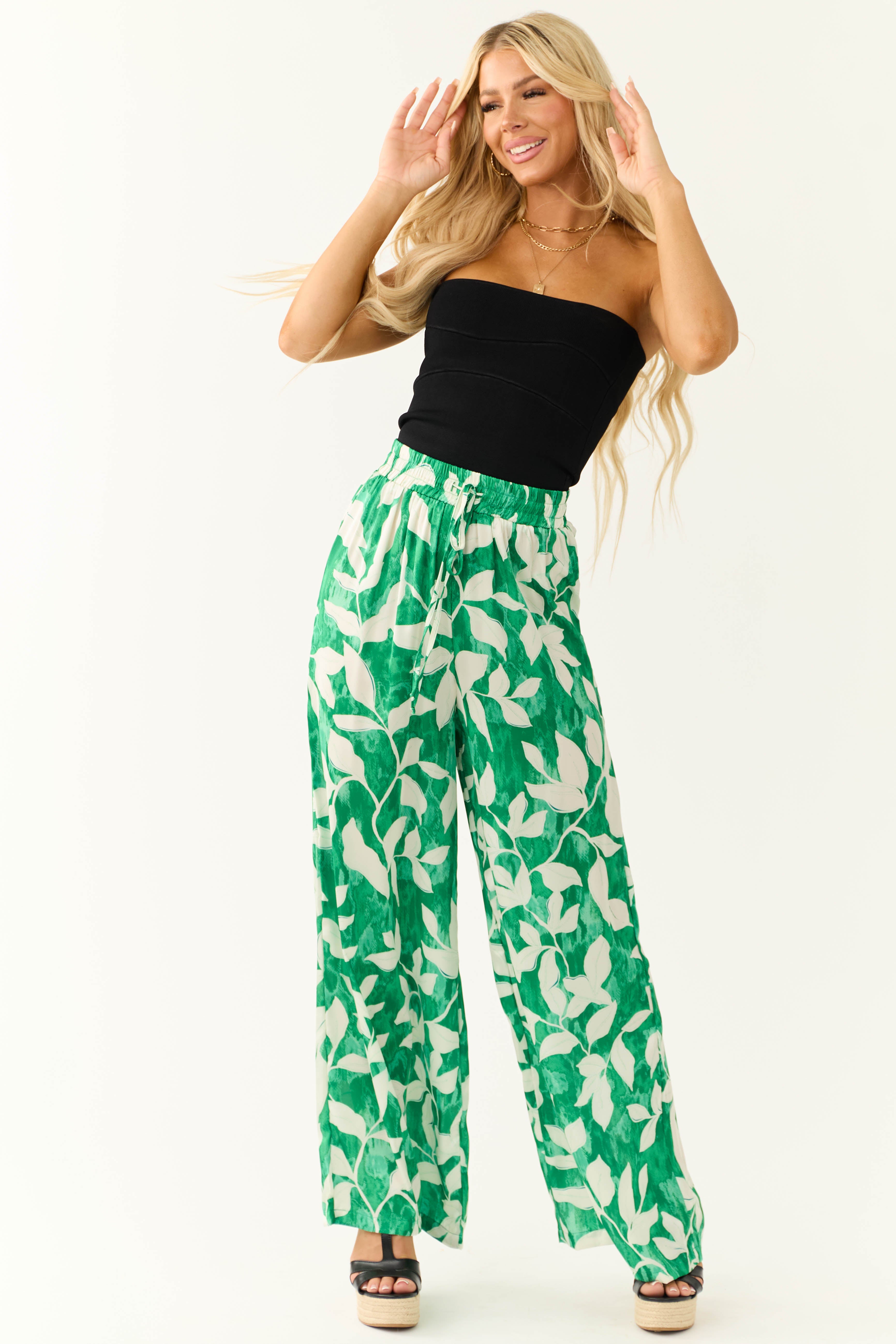 Flying Tomato Jade Leaf Print Satin Pants