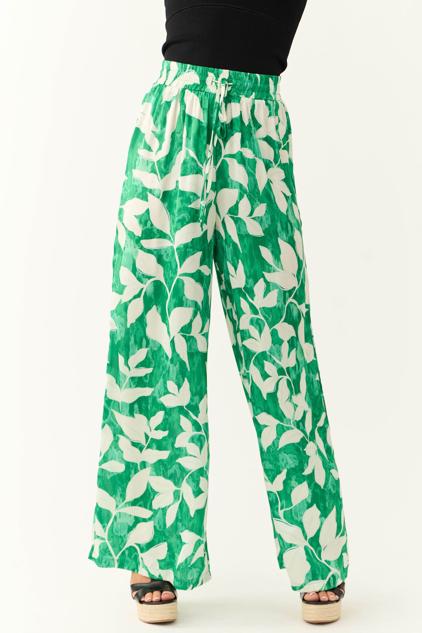 Flying Tomato Jade Leaf Print Satin Pants