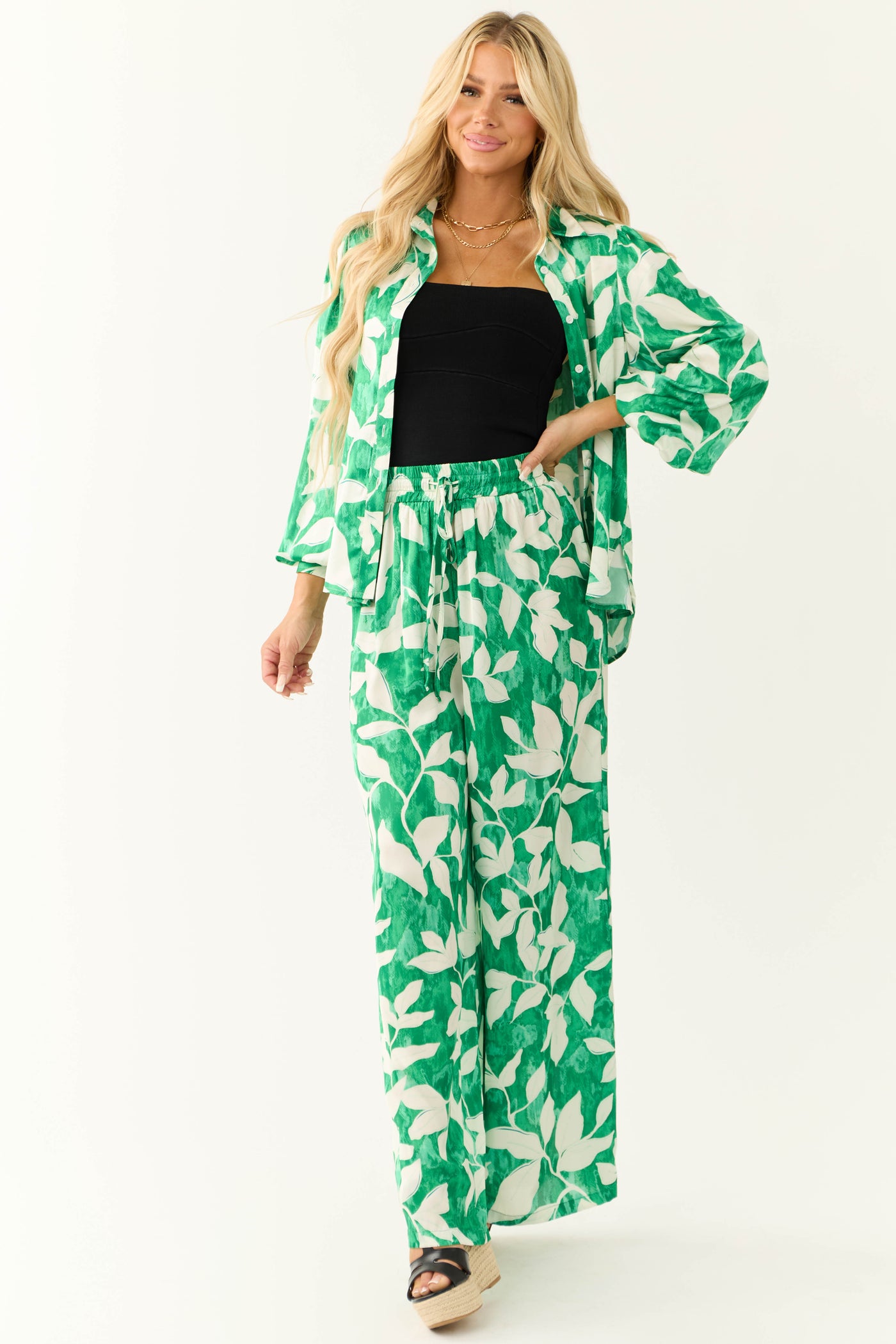 Flying Tomato Jade Leaf Print Satin Pants