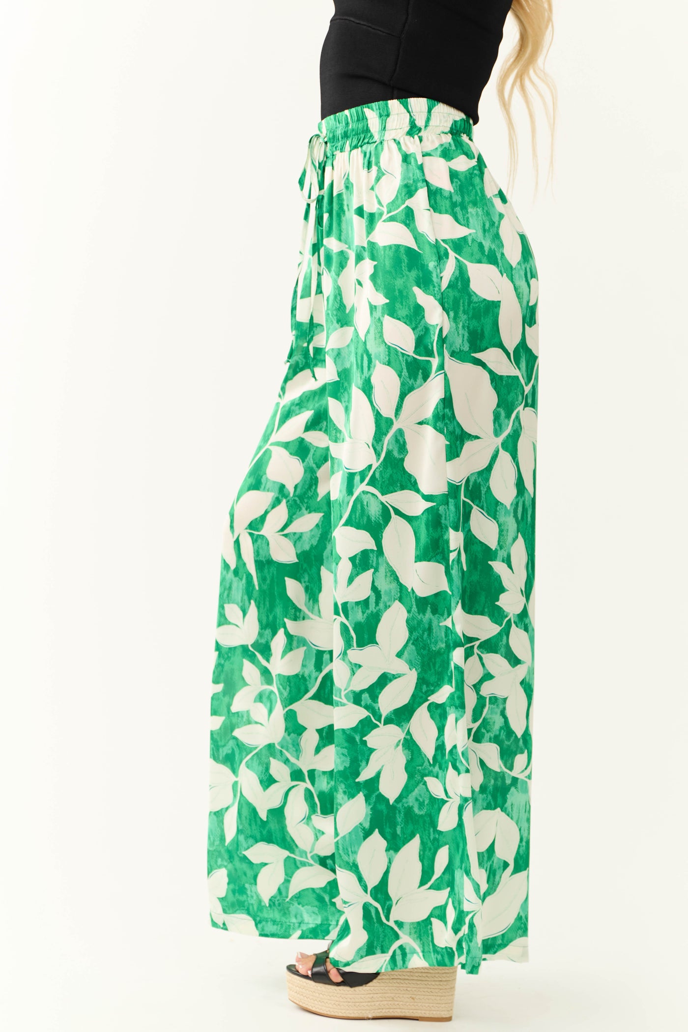 Flying Tomato Jade Leaf Print Satin Pants