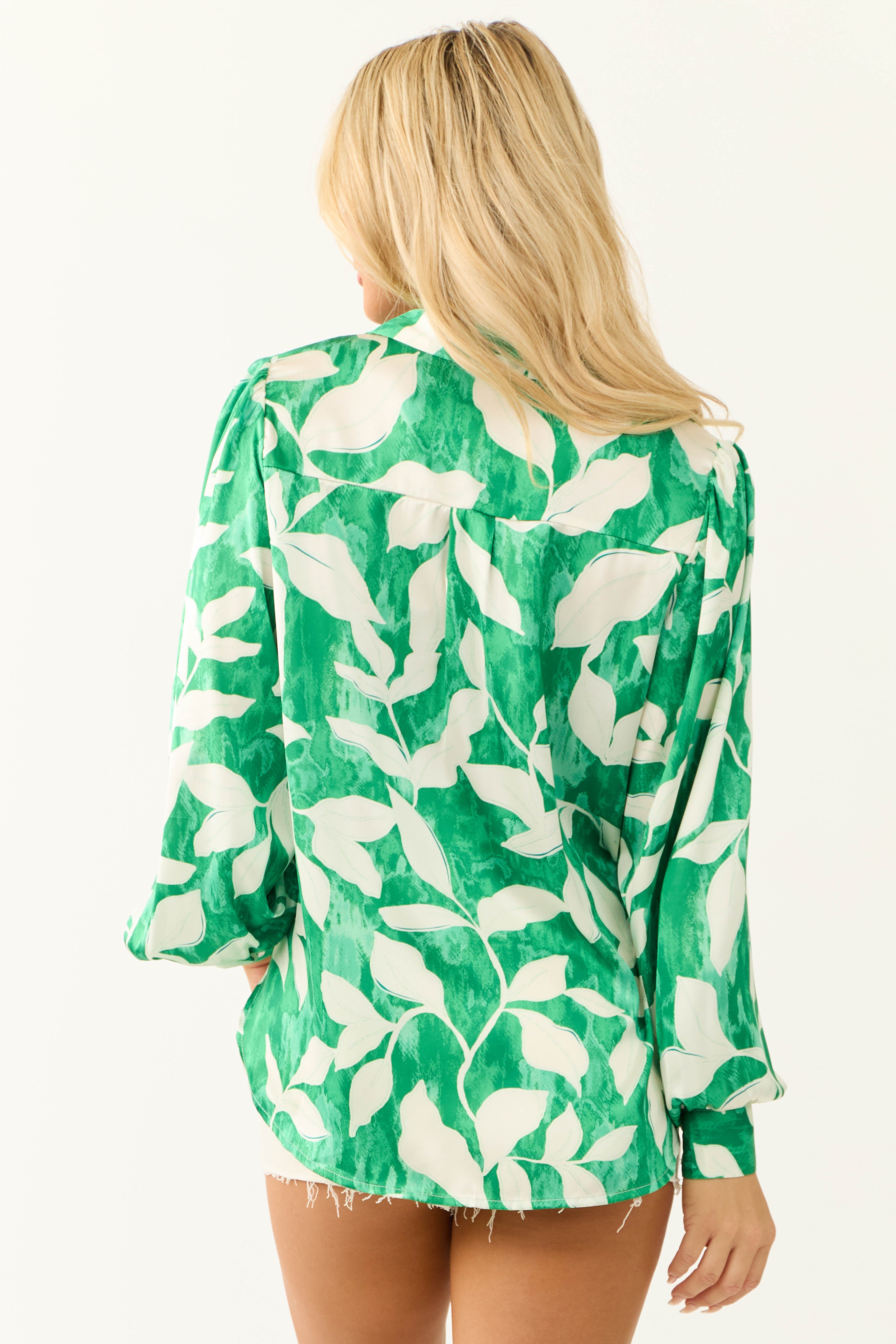 Flying Tomato Jade Leaf Print Satin Shirt