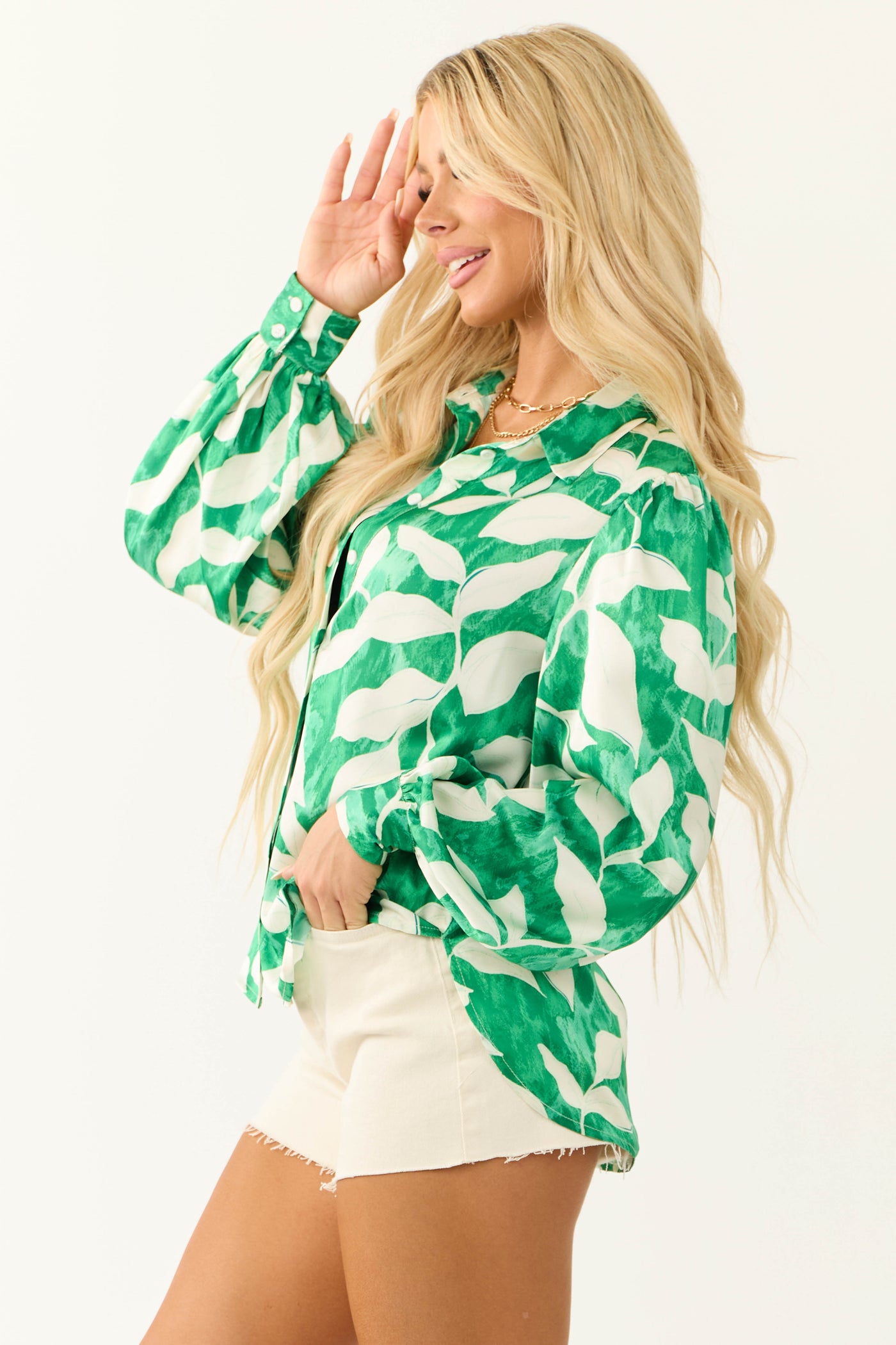 Flying Tomato Jade Leaf Print Satin Shirt