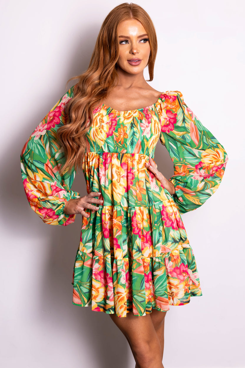 Flying Tomato Jade Tropical Print Short Dress