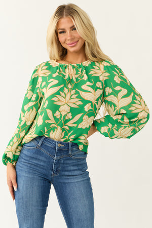 Flying Tomato Kelly Green Leaf Print Long Sleeve Top