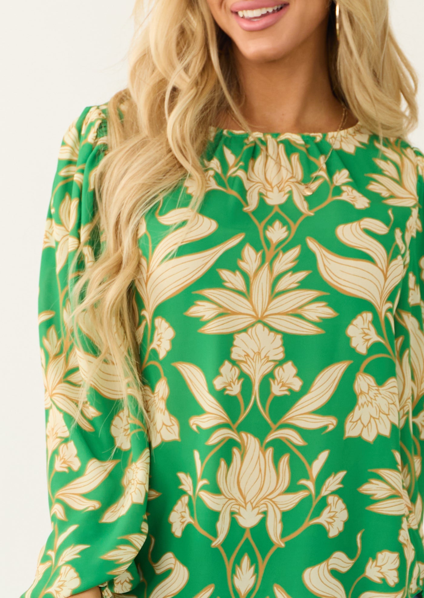 Flying Tomato Kelly Green Leaf Print Long Sleeve Top