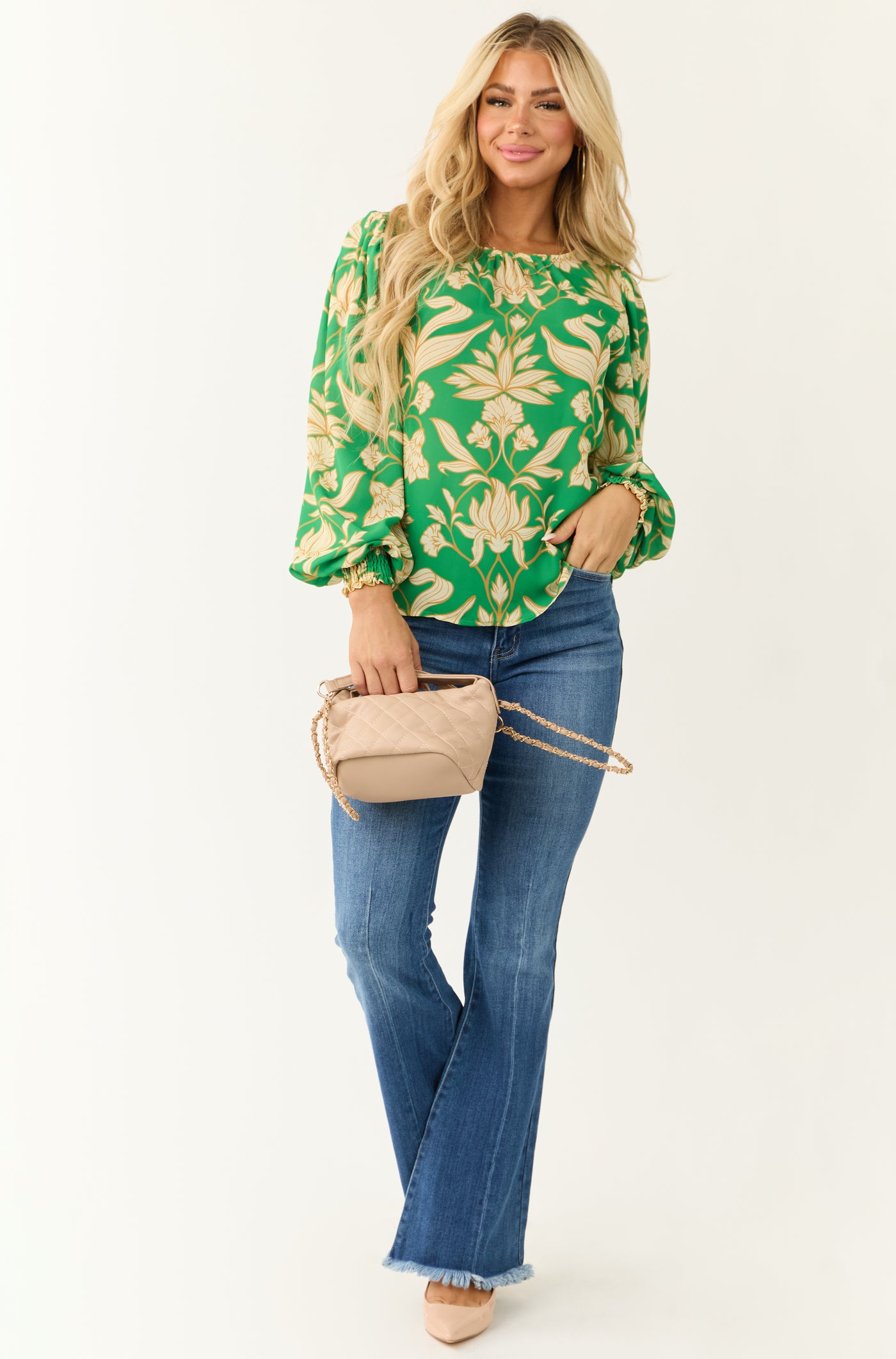 Flying Tomato Kelly Green Leaf Print Long Sleeve Top