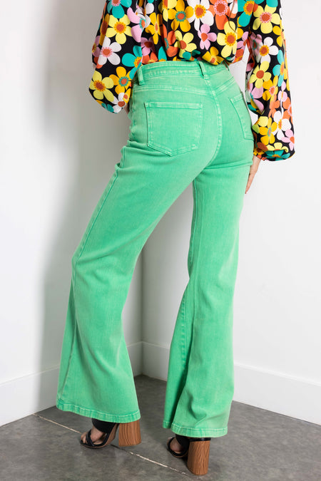 Flying Tomato Kelly Green Washed Flare Jeans