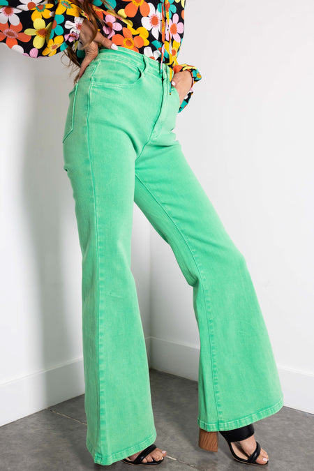 Flying Tomato Kelly Green Washed Flare Jeans