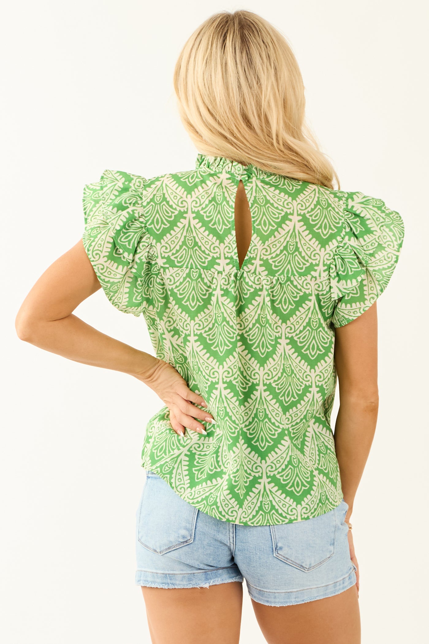 Flying Tomato Kiwi Abstract Ruffle Sleeve Blouse