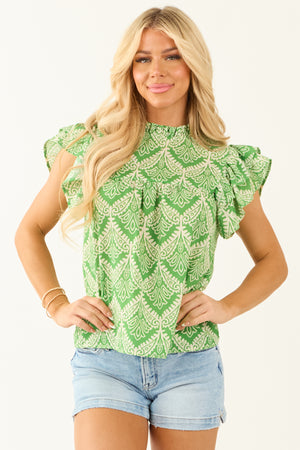 Flying Tomato Kiwi Abstract Ruffle Sleeve Blouse