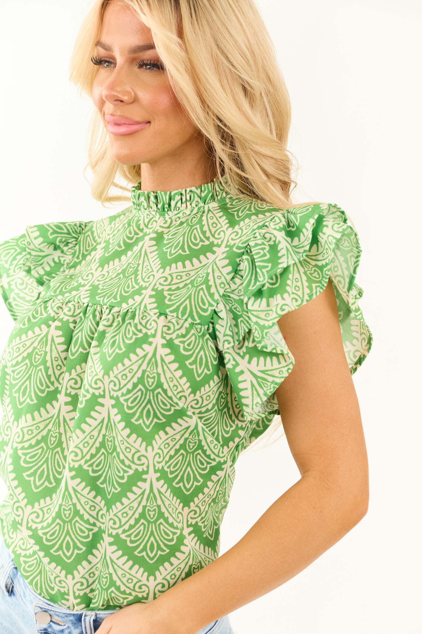 Flying Tomato Kiwi Abstract Ruffle Sleeve Blouse