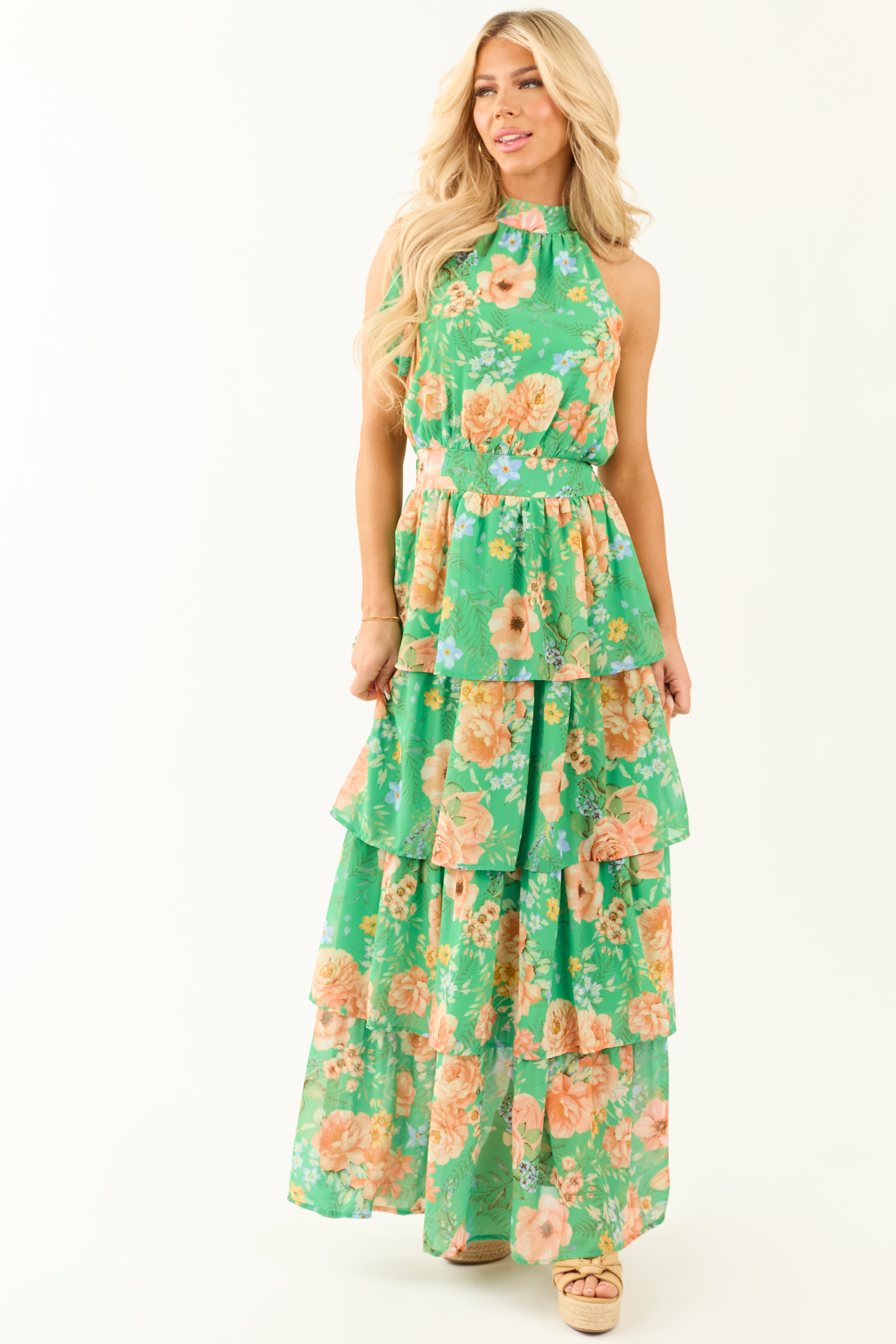 Flying Tomato Kiwi Floral Print Halter Maxi Dress