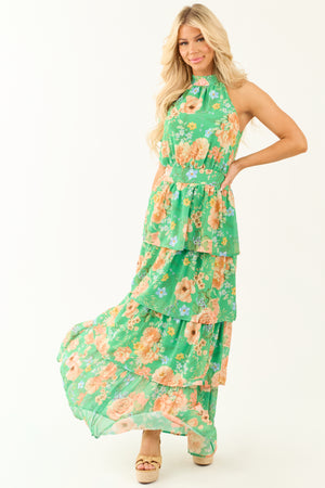 Flying Tomato Kiwi Floral Print Halter Maxi Dress