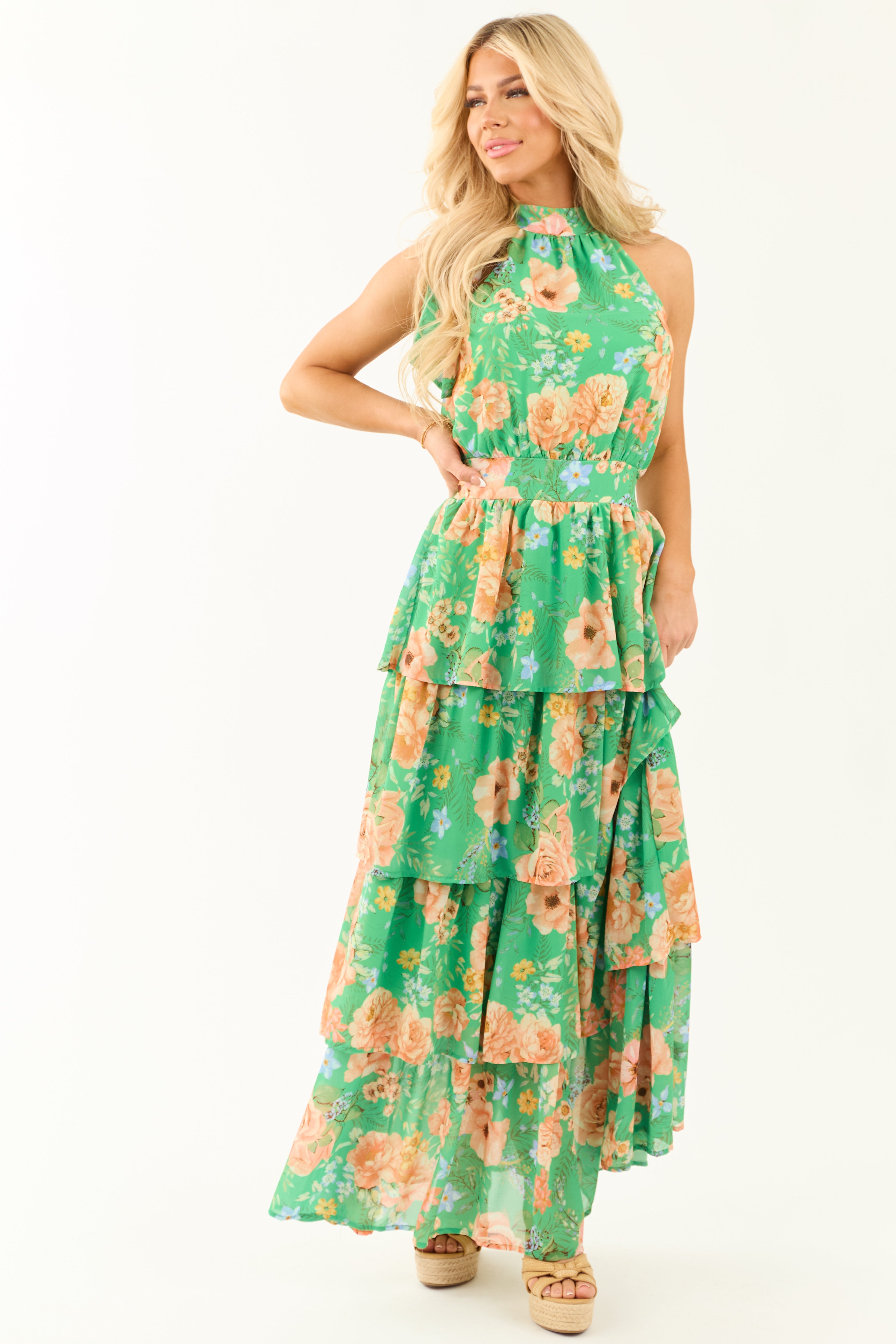 Flying Tomato Kiwi Floral Print Halter Maxi Dress