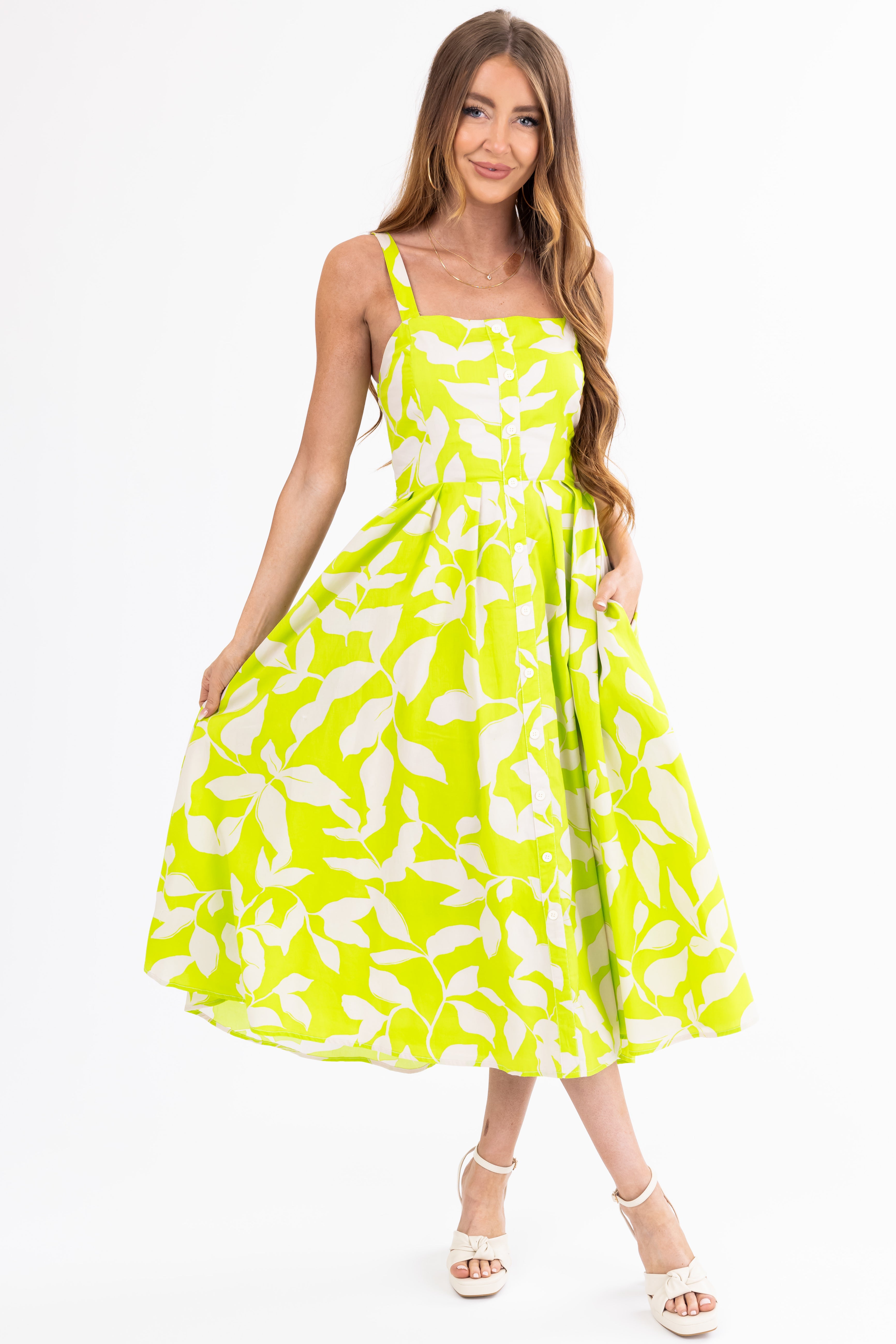 Flying Tomato Lime Floral Square Neck Midi Dress