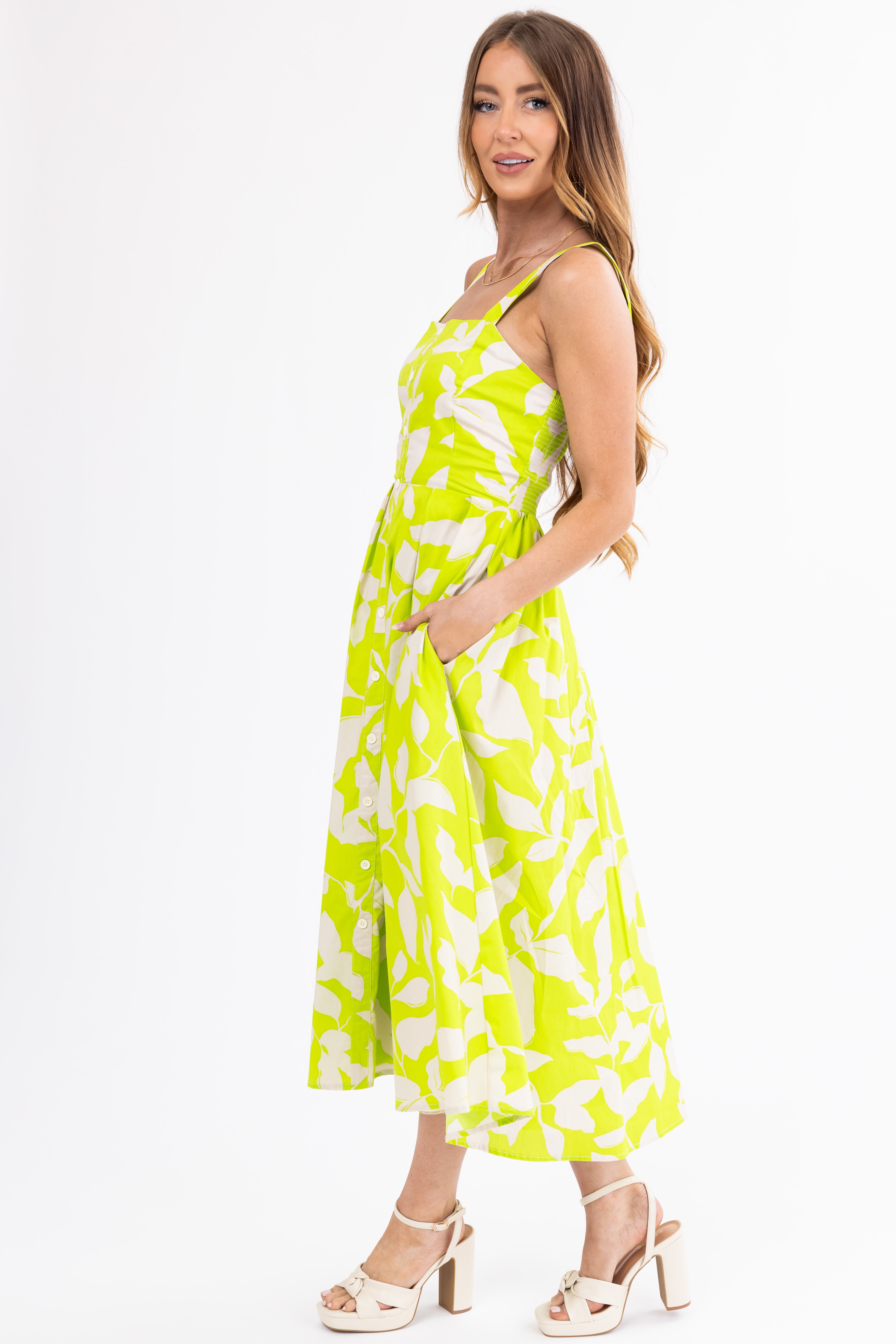 Flying Tomato Lime Floral Square Neck Midi Dress