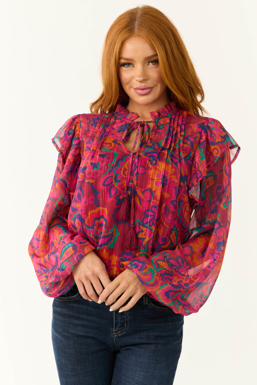 Flying Tomato Magenta Floral Print Ruffle Blouse