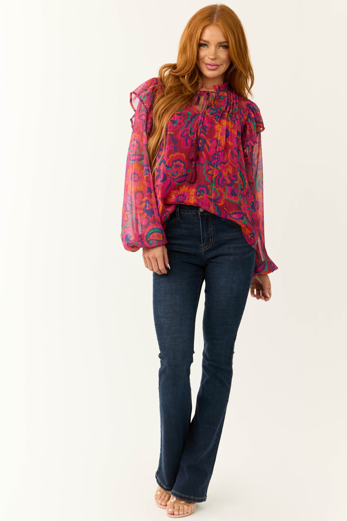 Flying Tomato Magenta Floral Print Ruffle Blouse