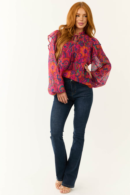 Flying Tomato Magenta Floral Print Ruffle Blouse