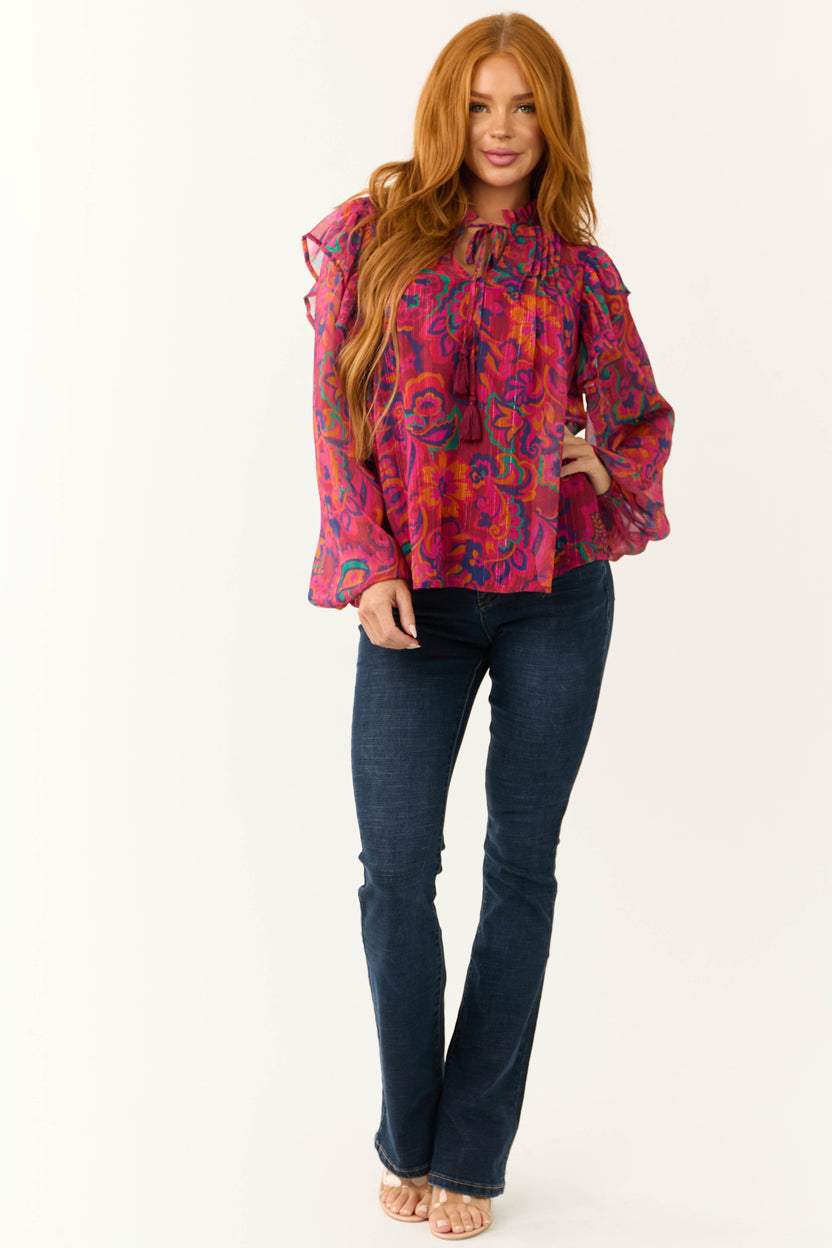 Flying Tomato Magenta Floral Print Ruffle Blouse