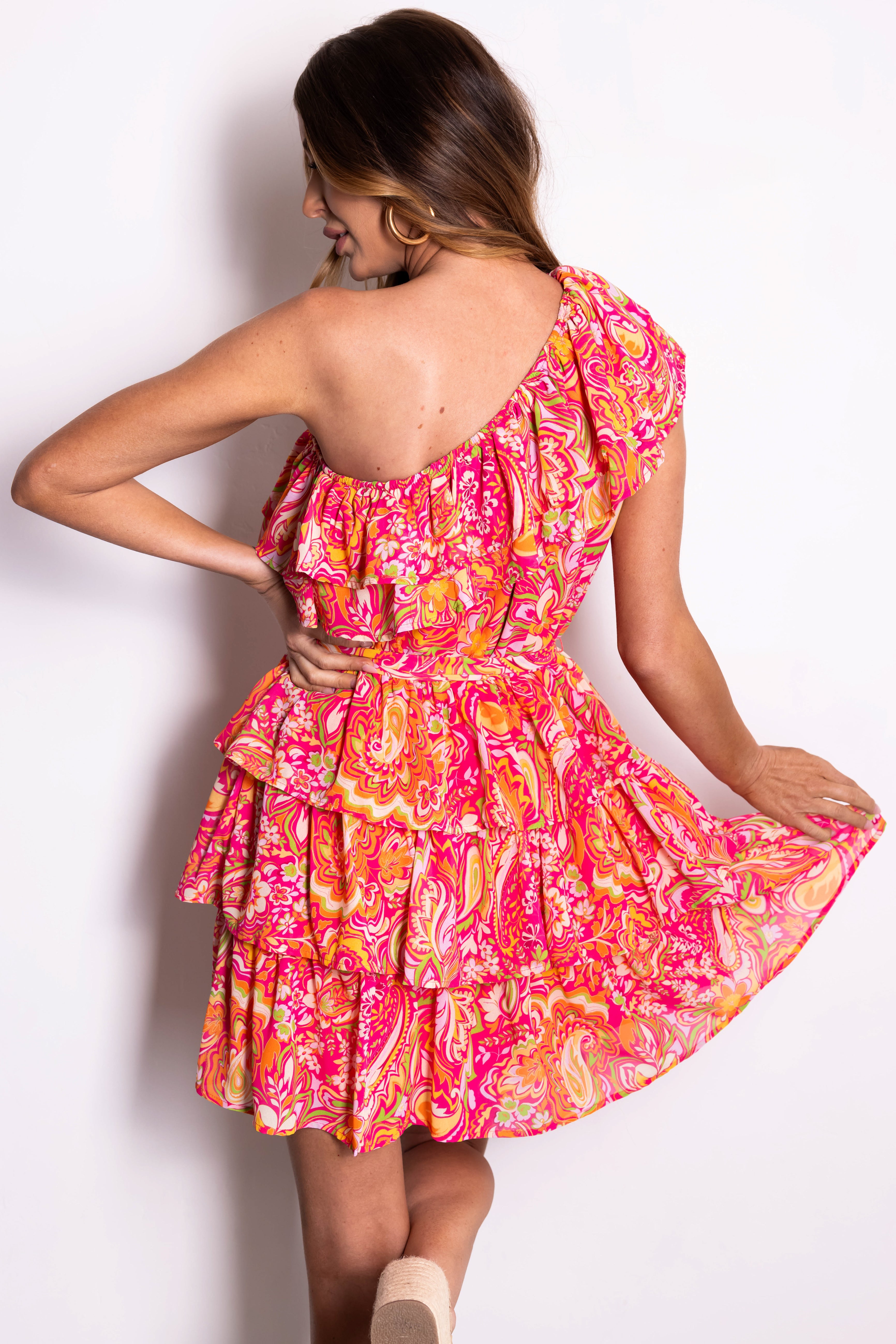 Flying Tomato Magenta Print One Shoulder Dress