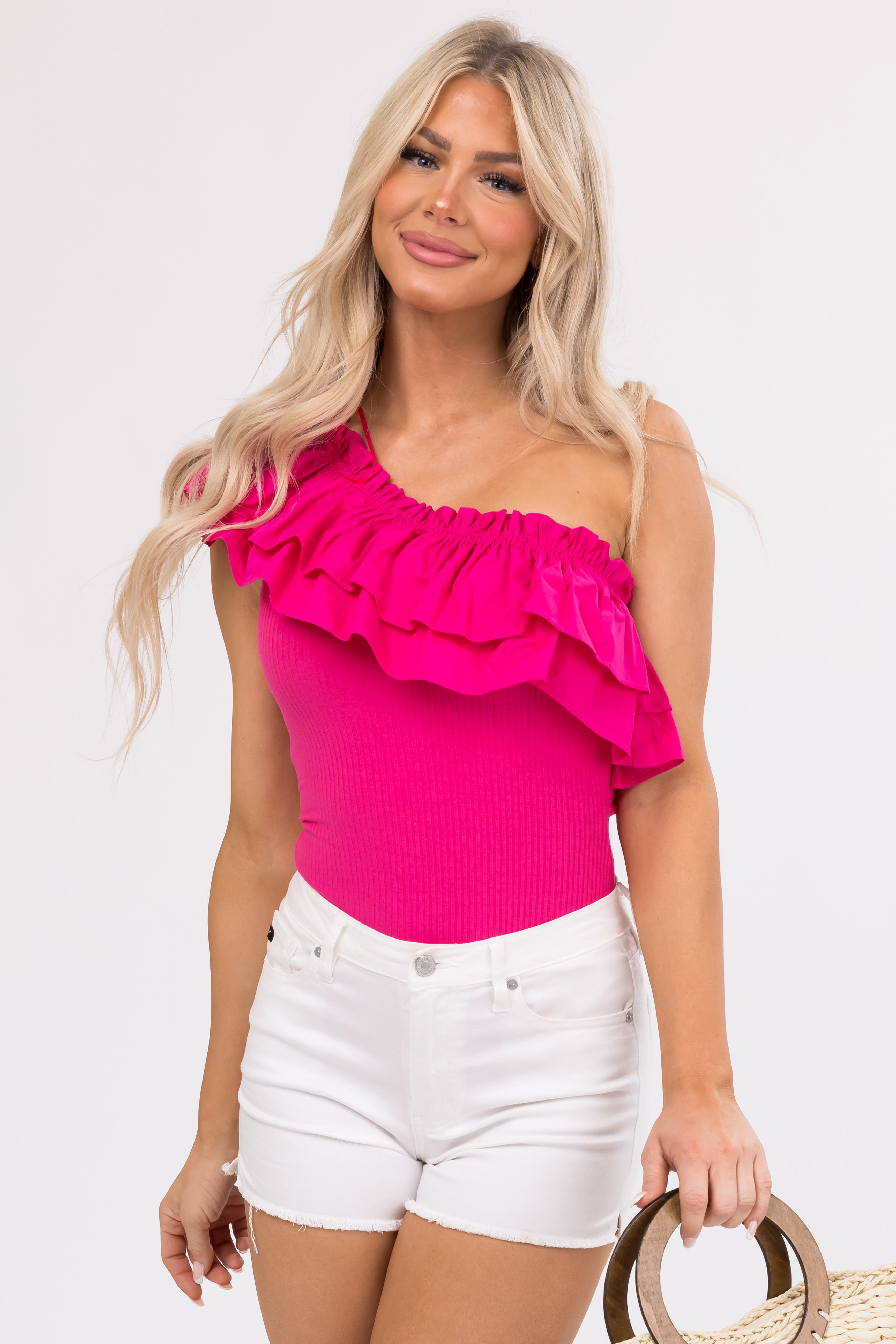 Flying Tomato Magenta Ruffle One Shoulder Bodysuit