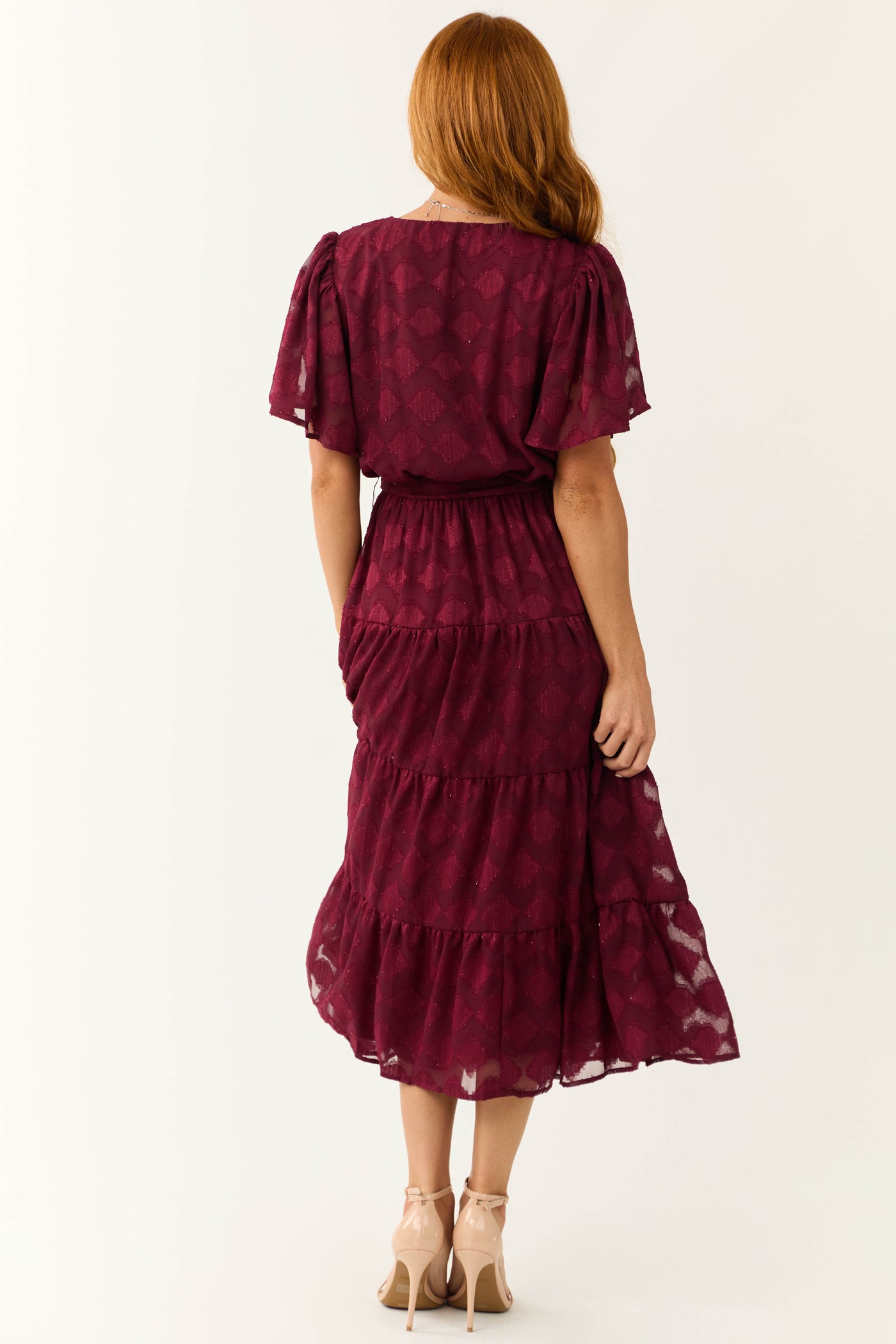 Flying Tomato Maroon Flutter Sleeve Textured Dress