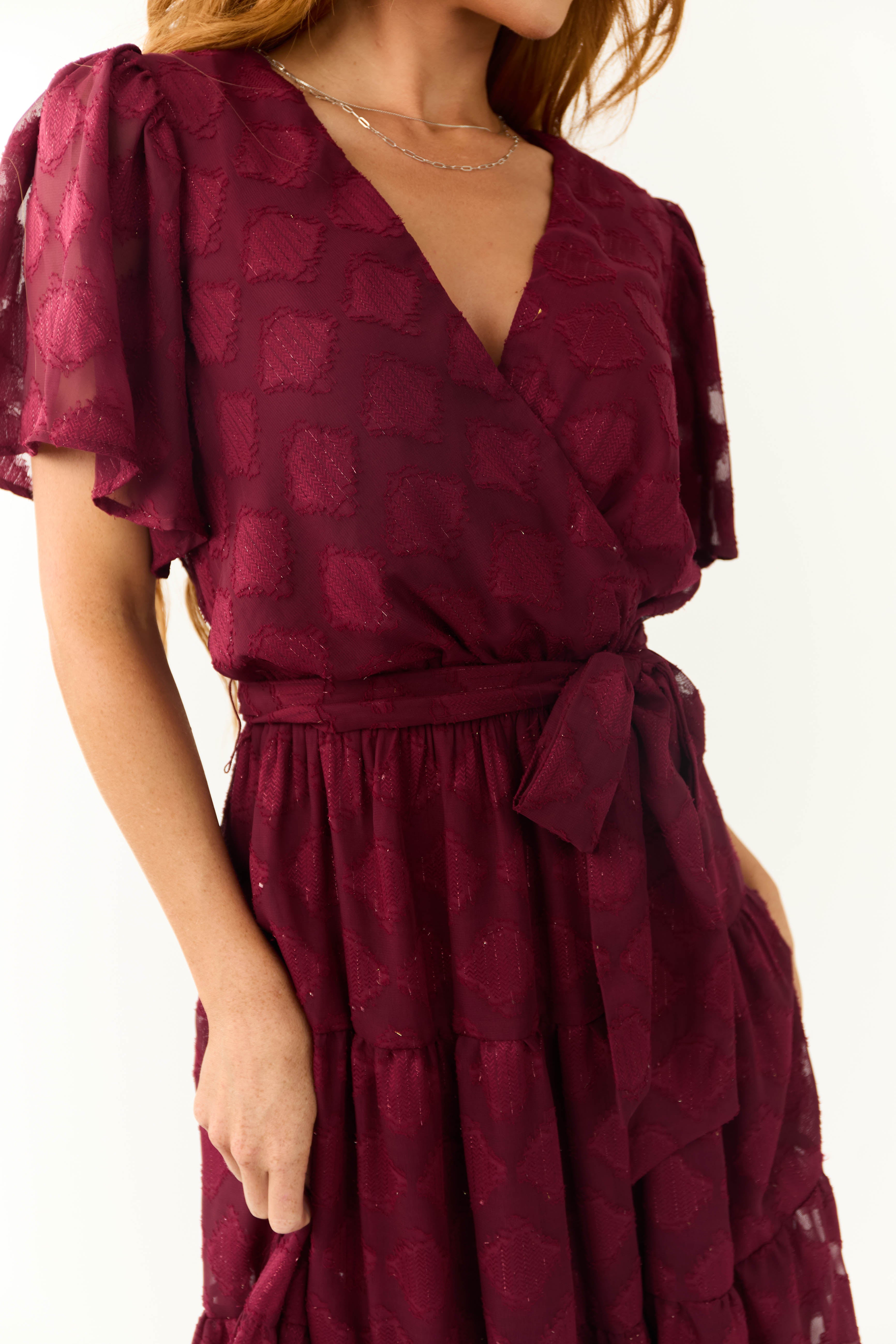 Flying Tomato Maroon Flutter Sleeve Textured Dress