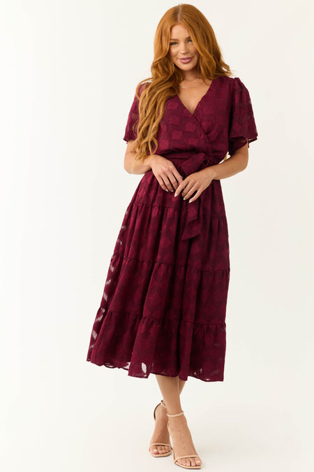 Flying Tomato Maroon Flutter Sleeve Textured Dress