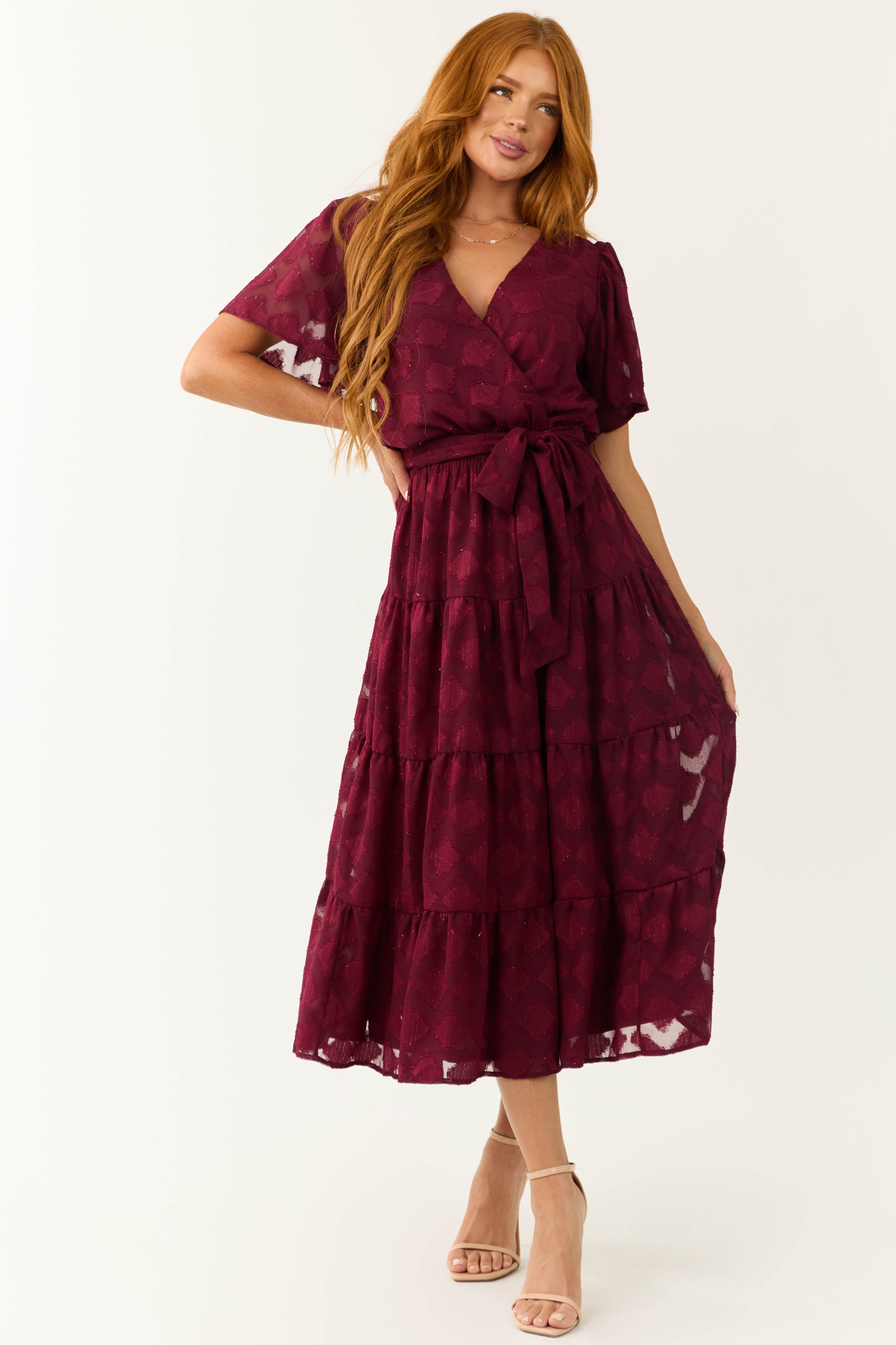 Flying Tomato Maroon Flutter Sleeve Textured Dress