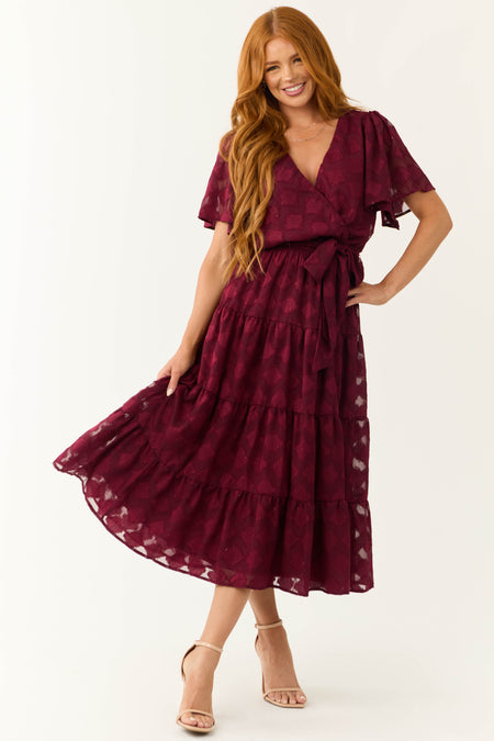 Flying Tomato Maroon Flutter Sleeve Textured Dress