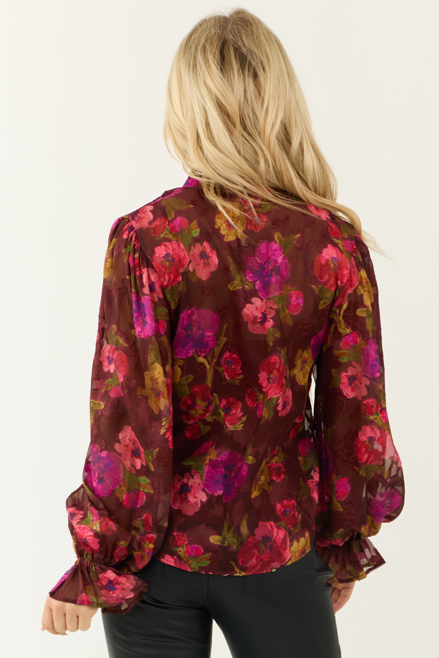 Flying Tomato Marsala Floral Print Button Top