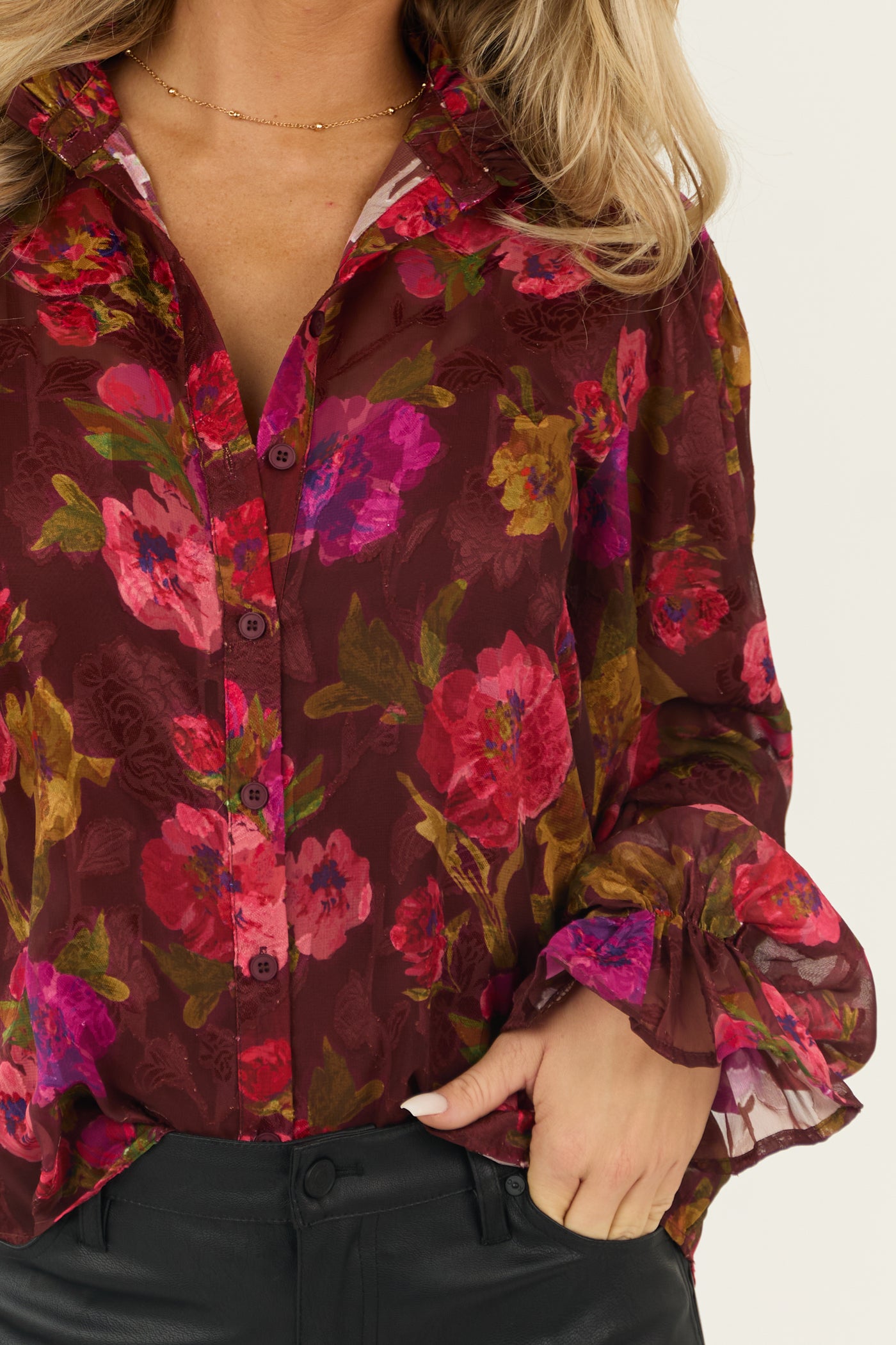 Flying Tomato Marsala Floral Print Button Top