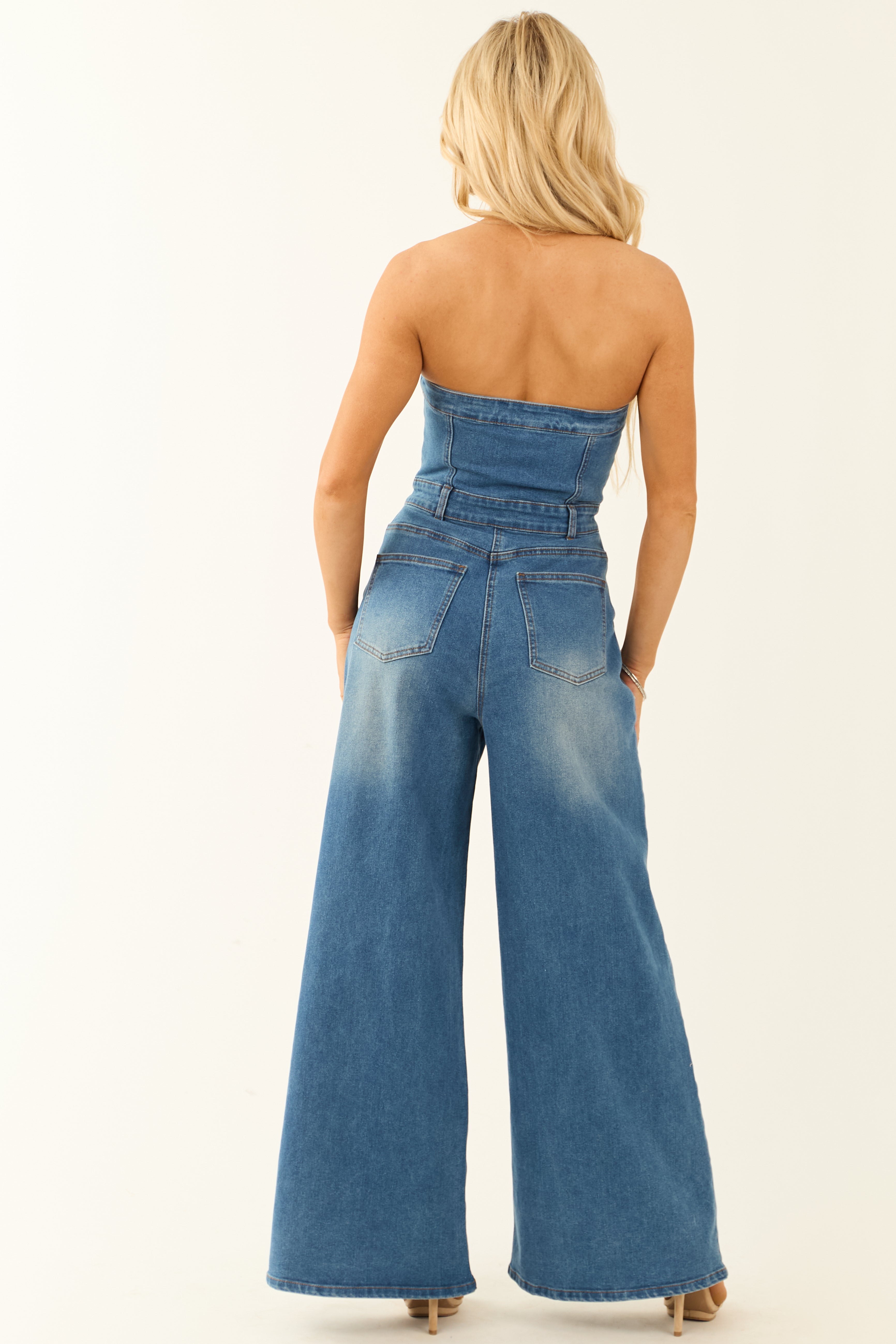 Flying Tomato Medium Denim Wide Leg Buttoned Jumpsuit