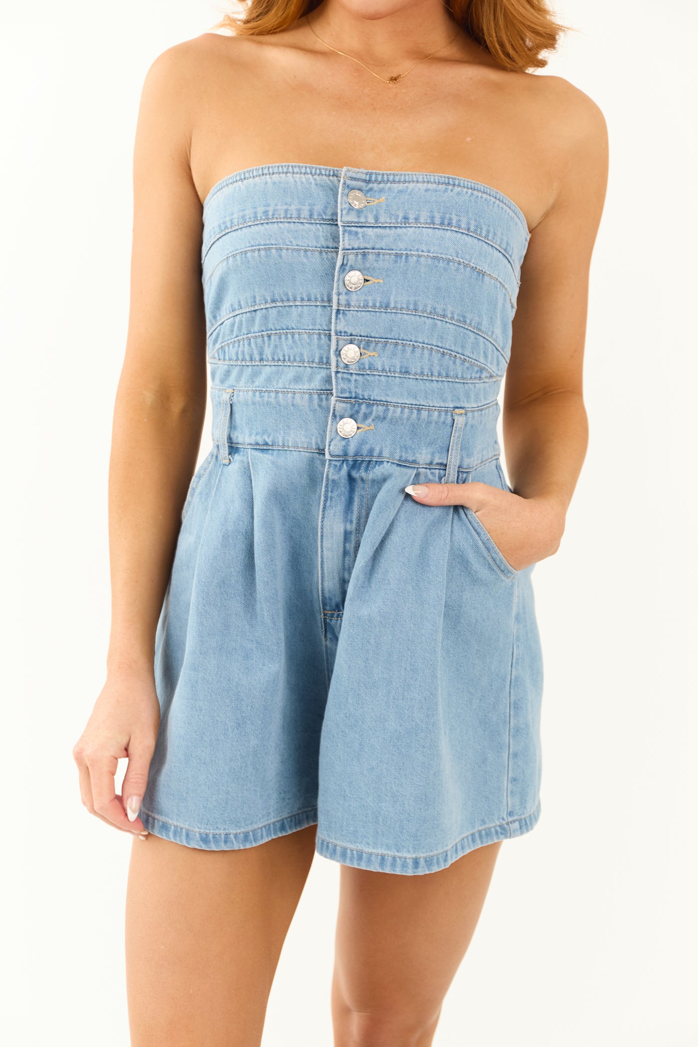 Flying Tomato Medium Wash Denim Strapless Romper